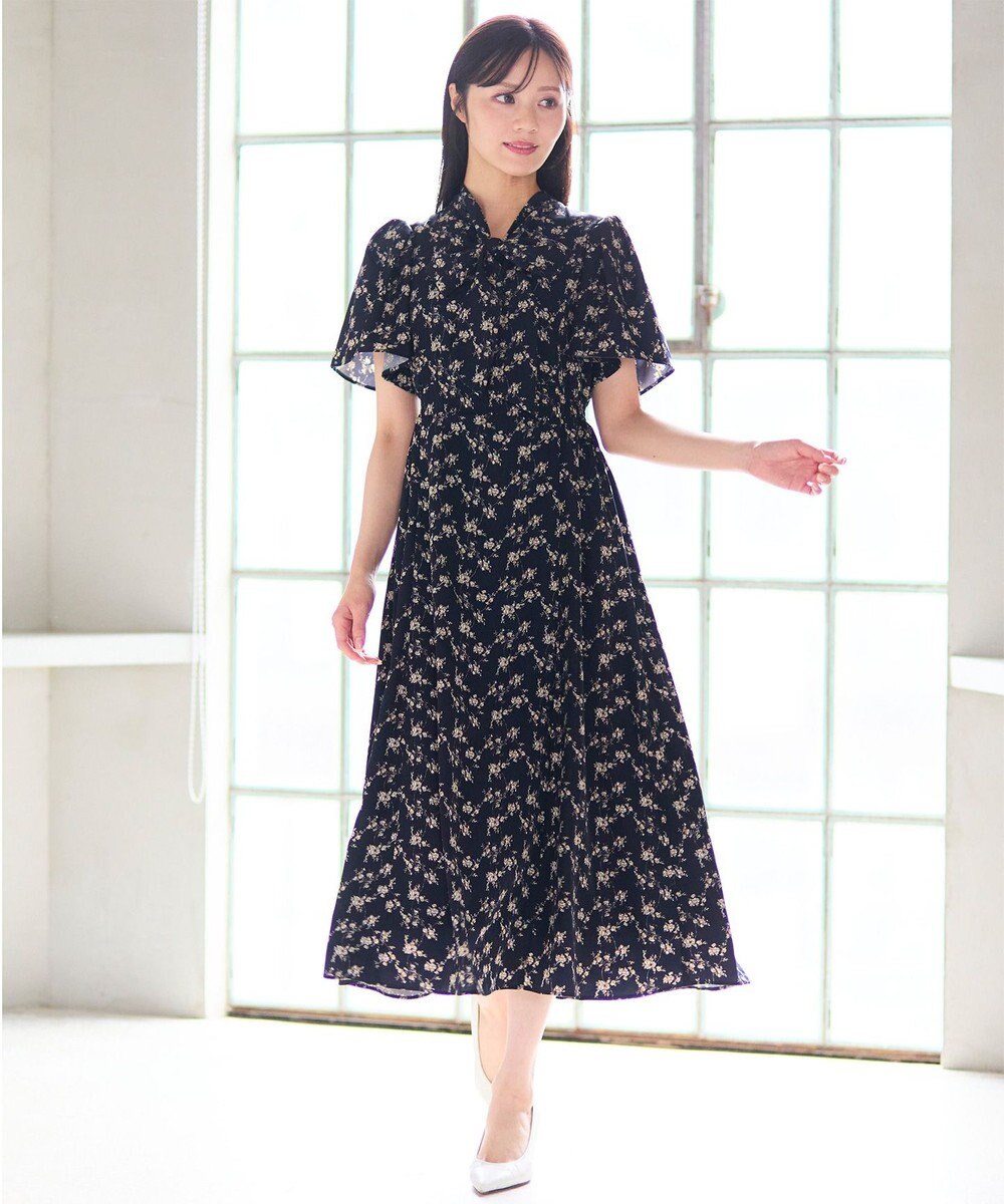 Feroux 【洗える】フラワープリント クラシカル ワンピース 