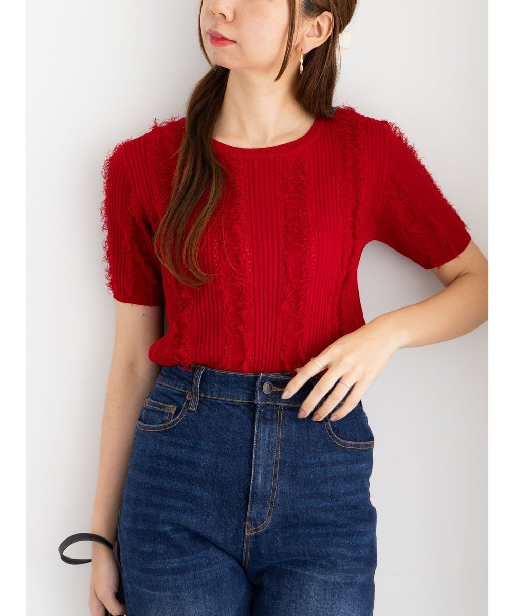 Te chichi フリンジニットハーフスリーブトップス 