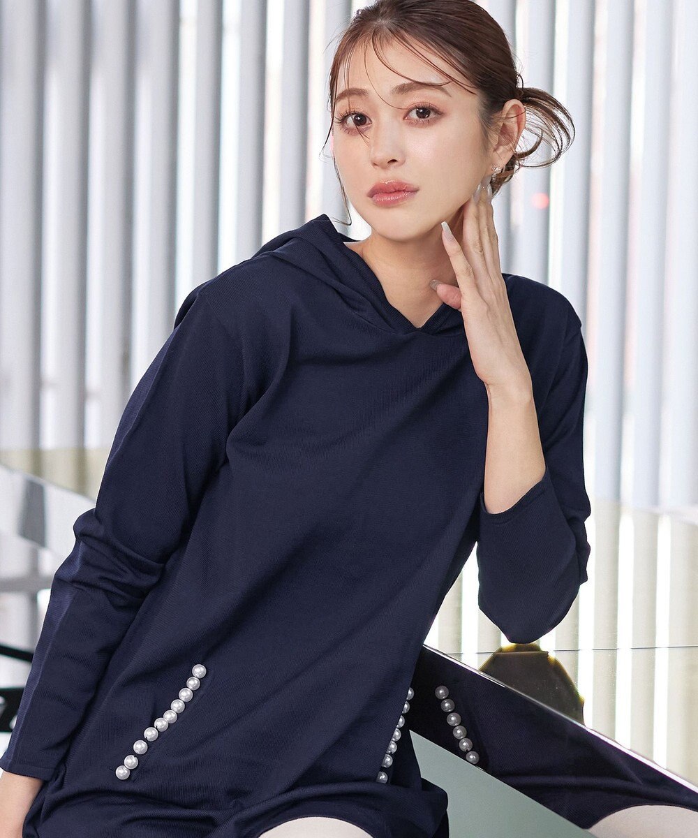 Tiaclasse 【洗える】パールポケット付きニットチュニックパーカー 