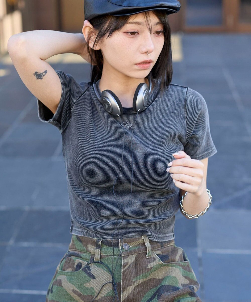 WEGO ヴィンテージウォッシュワンポイントリブT 