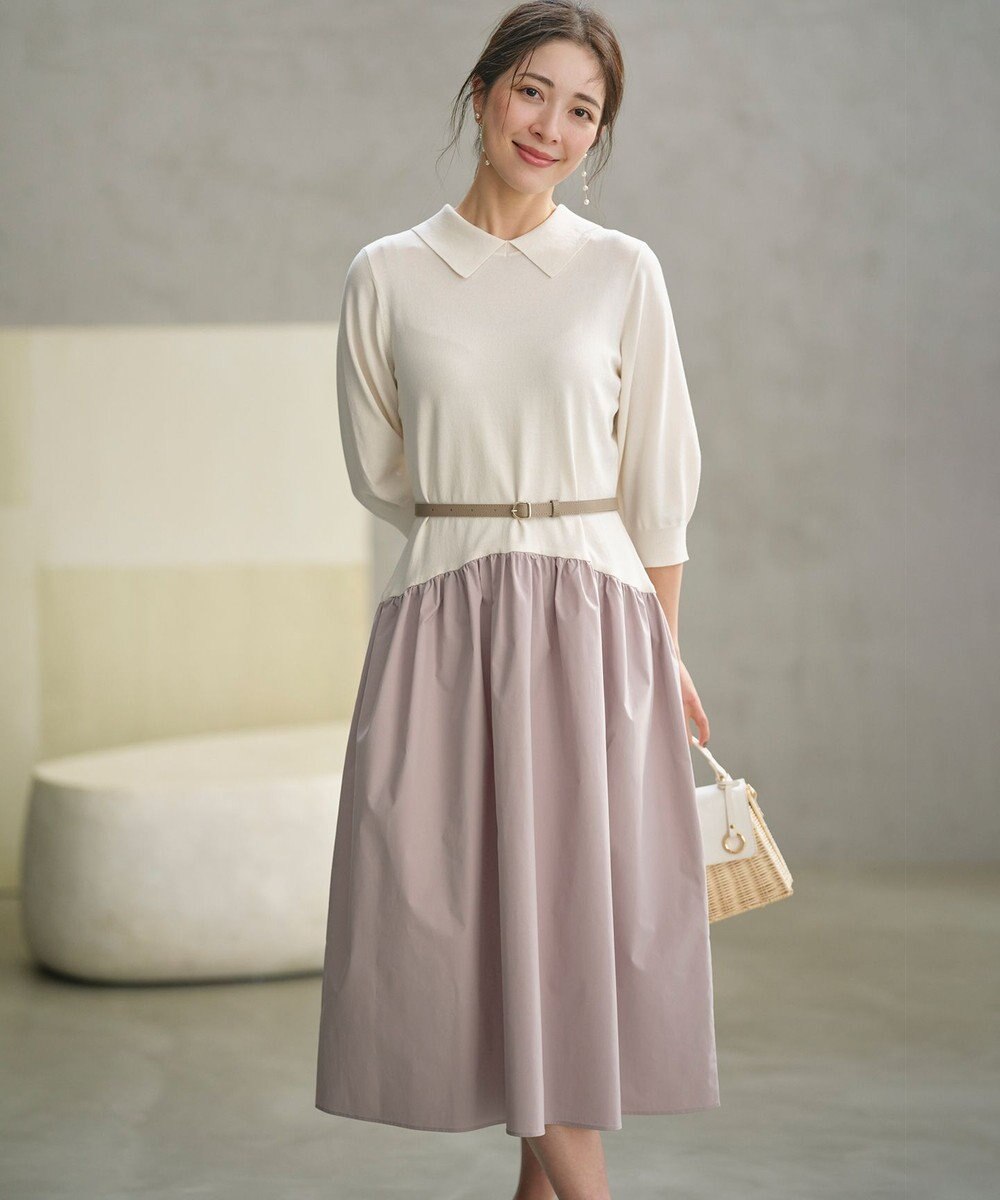 組曲 襟付きドッキング ニットワンピース 