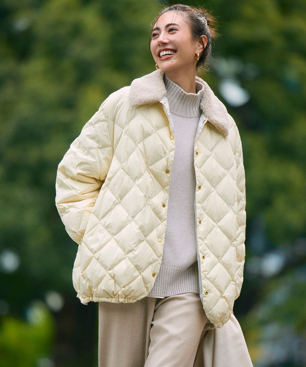 UNFILO L 【自宅で洗濯OK / ファー襟取り外し可能】TAIONコラボ ボア襟 リバーシブルダウン 