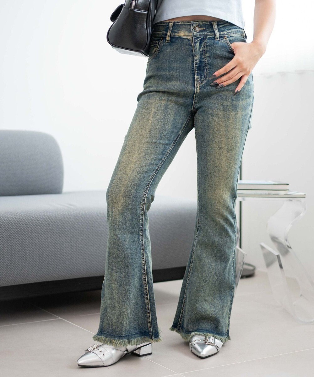 WEGO レースアップフリンジストレッチフレアデニムパンツ 