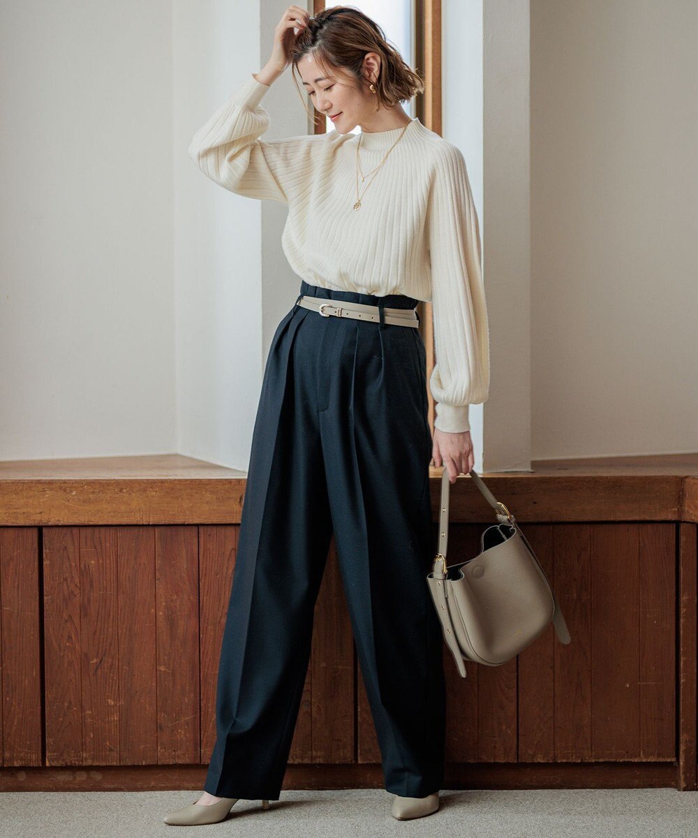23区 L ナチュラルストレッチサキソニー タック ワイドパンツ 
