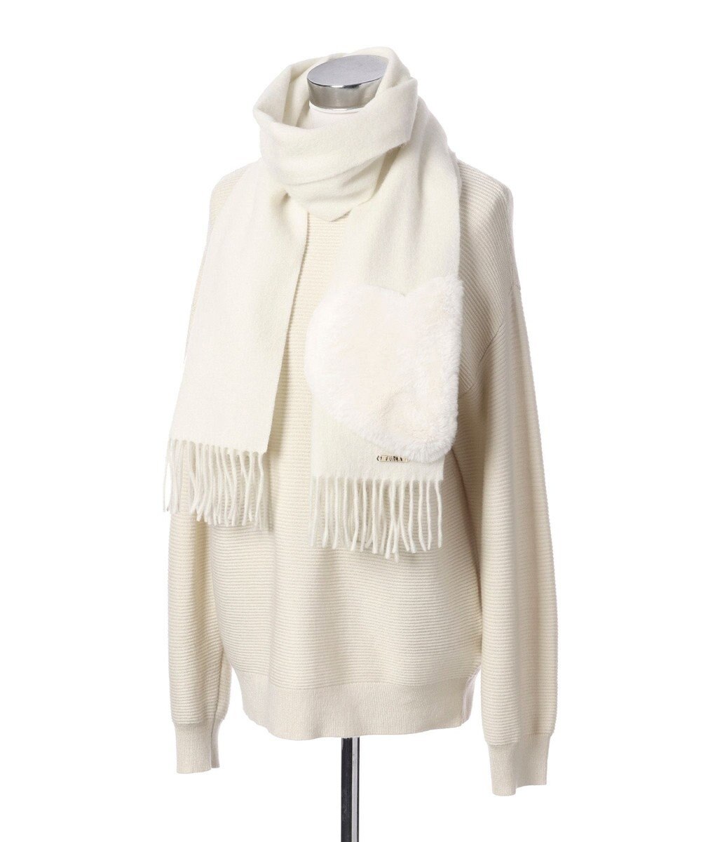 MOONBAT 【WEB限定】フルラ (FURLA)エコファー付きマフラー 無地×ハート　ウールマフラー ロゴプレート付き 