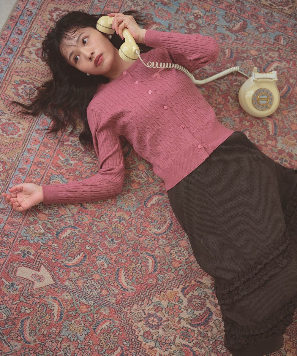 Feroux ケーブル編み×リボン刺繍 ニット カーディガン 