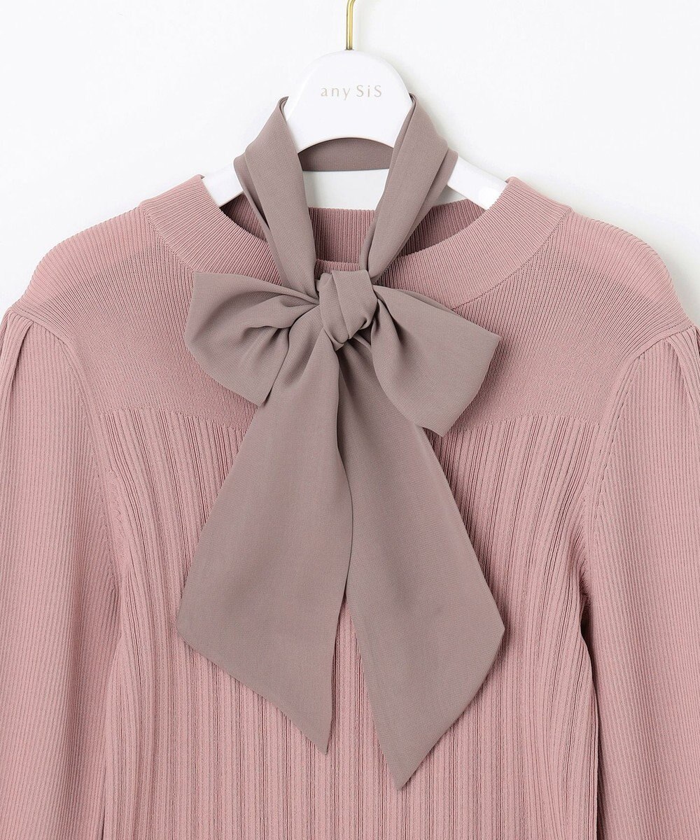 ANY SIS 【2WAY】リボン付き パフスリーブリブ ニット 
