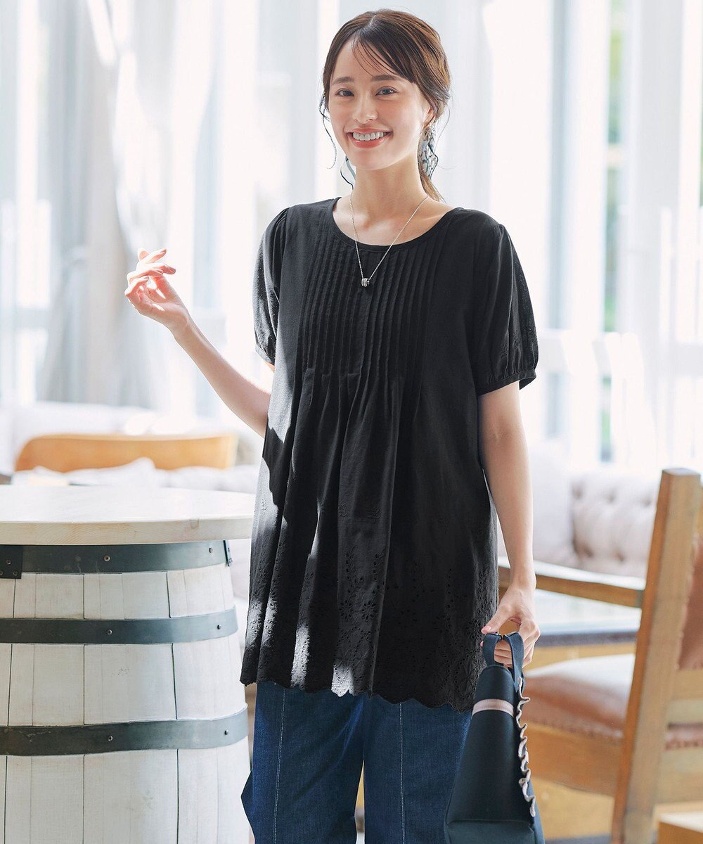 Tiaclasse 【洗える】パンチングレースピンタックチュニックブラウス 