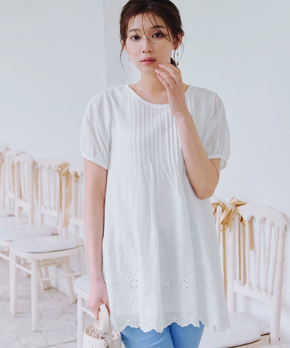 Tiaclasse 【洗える】パンチングレースピンタックチュニックブラウス 