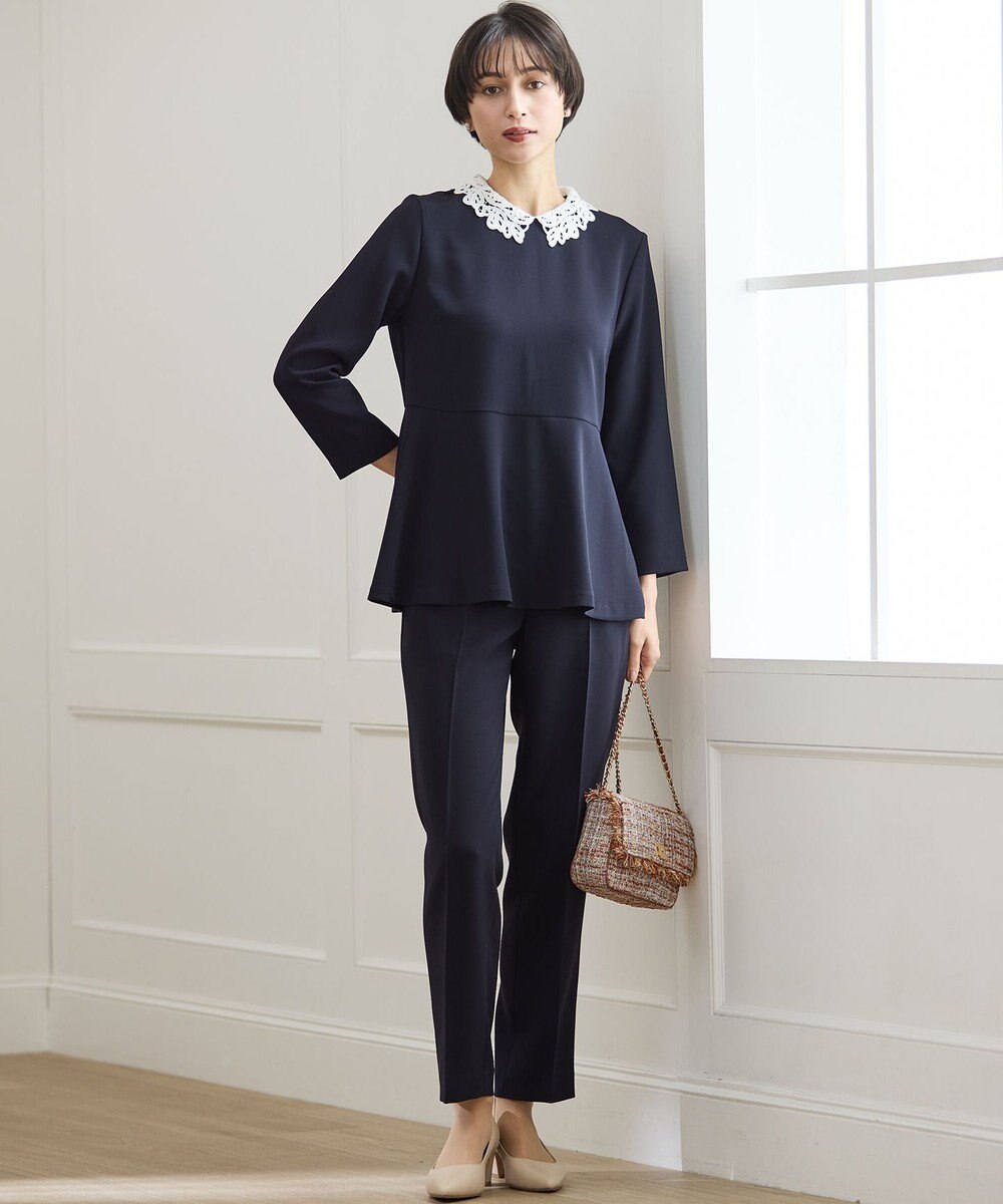 23区 L 【セットアップ対応/洗える】トリアセダブルジョーゼット 2WAYレース襟 ペプラムブラウス 