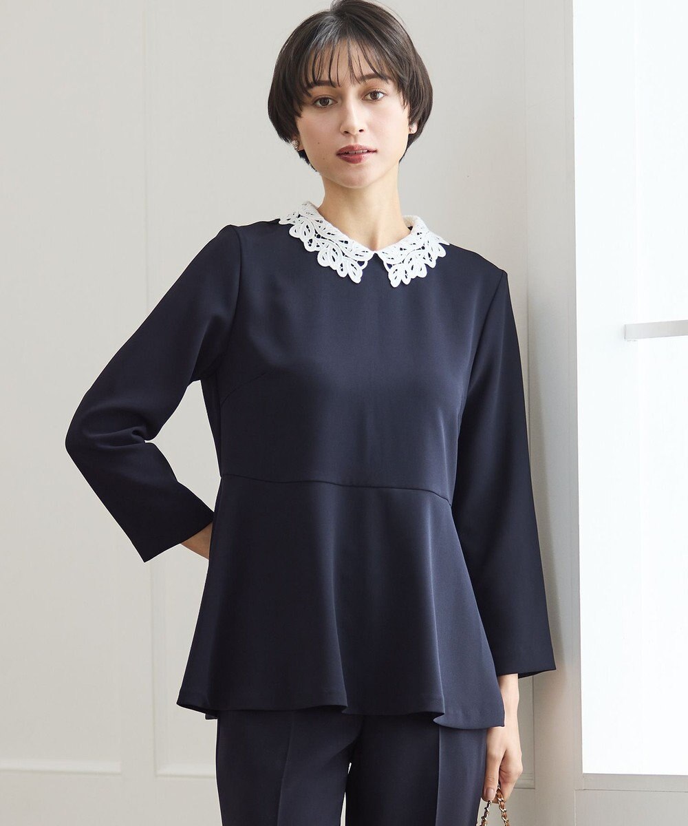23区 L 【セットアップ対応/洗える】トリアセダブルジョーゼット 2WAYレース襟 ペプラムブラウス 