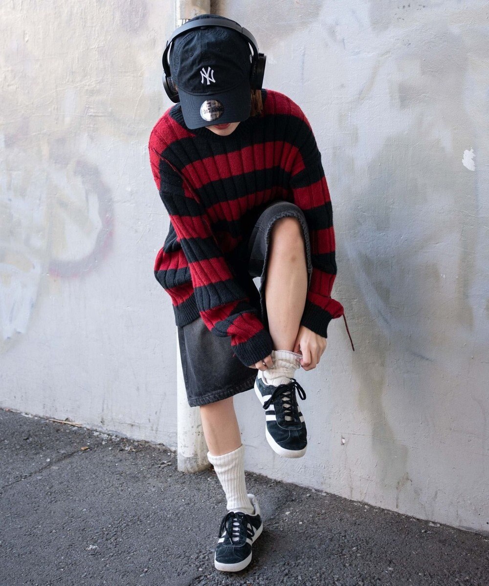 WEGO ボーダーワイドリブダメージニット 