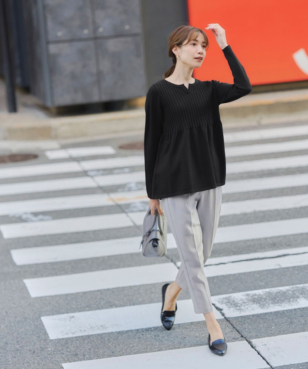 Tiaclasse L 【洗える】リブ切り替えフレアニットトップス 