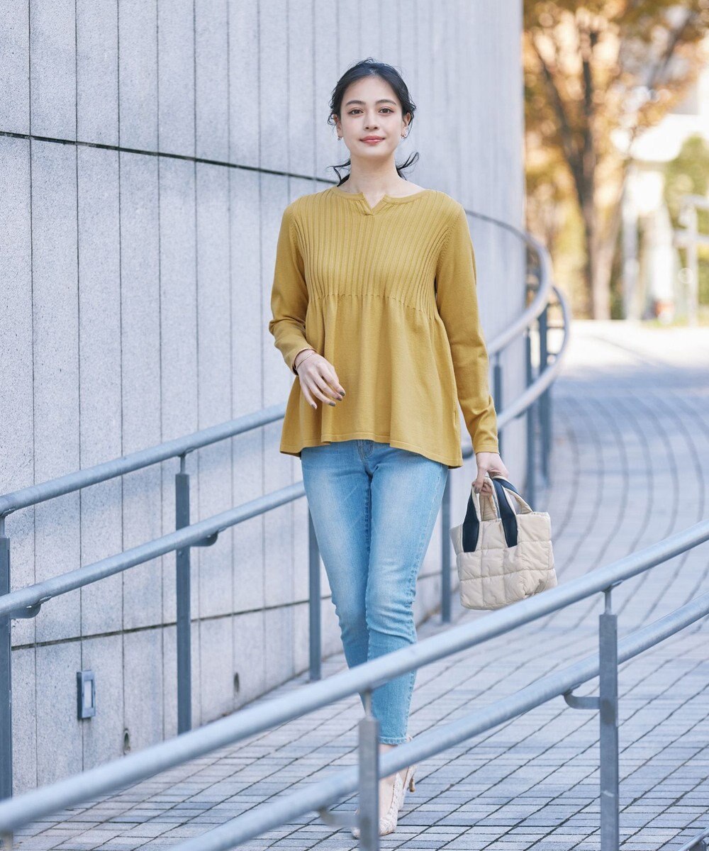 Tiaclasse L 【洗える】リブ切り替えフレアニットトップス 