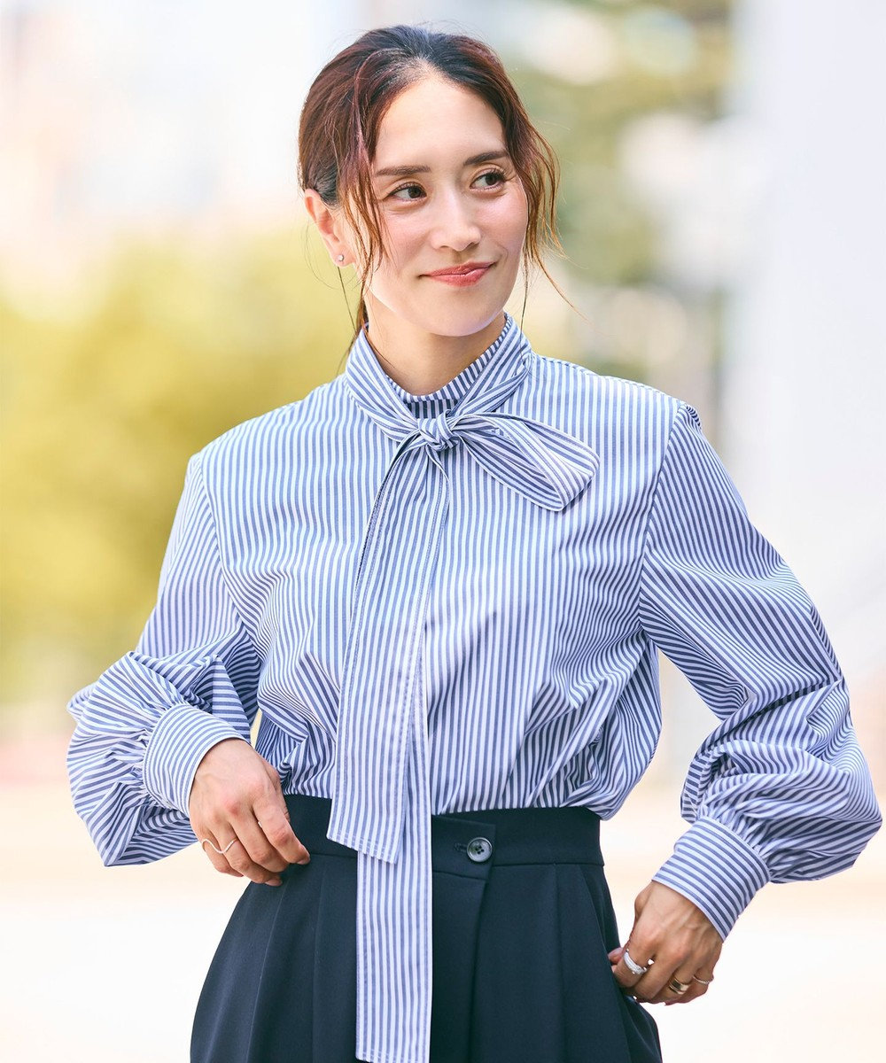 #Newans 【洗濯機可】ステッチデザインリボンタイブラウス 