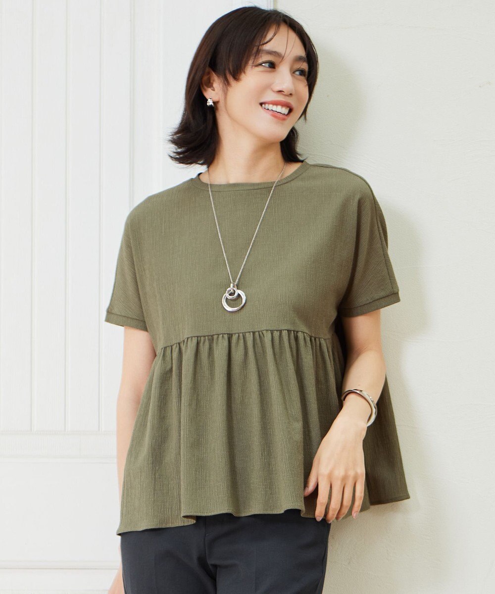 自由区 【洗える】リネンサッカーコンビペプラム カットソー 