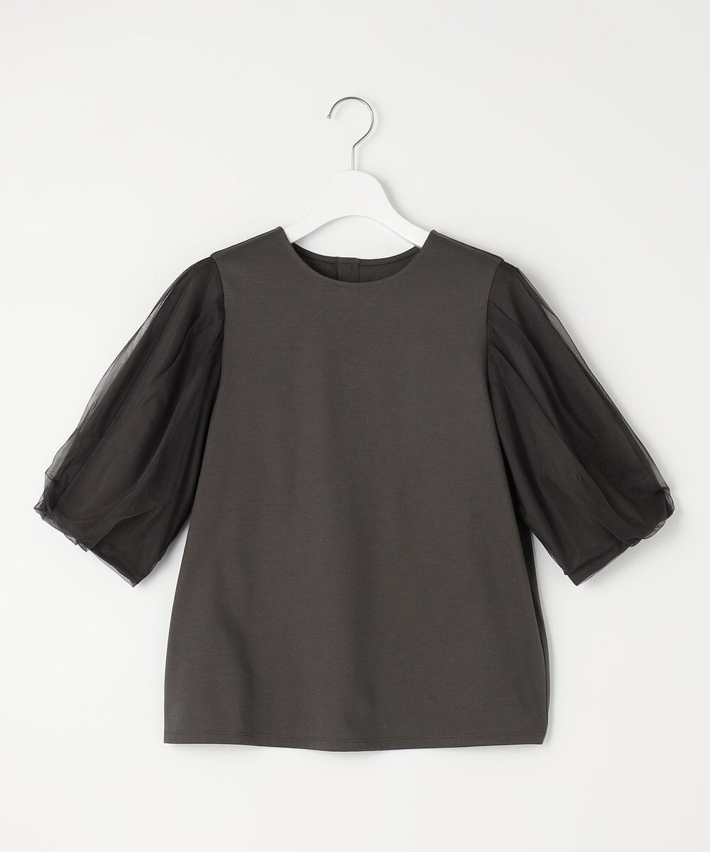 自由区 【洗える・XSサイズあり】シアーコンビパフスリーブ カットソー 