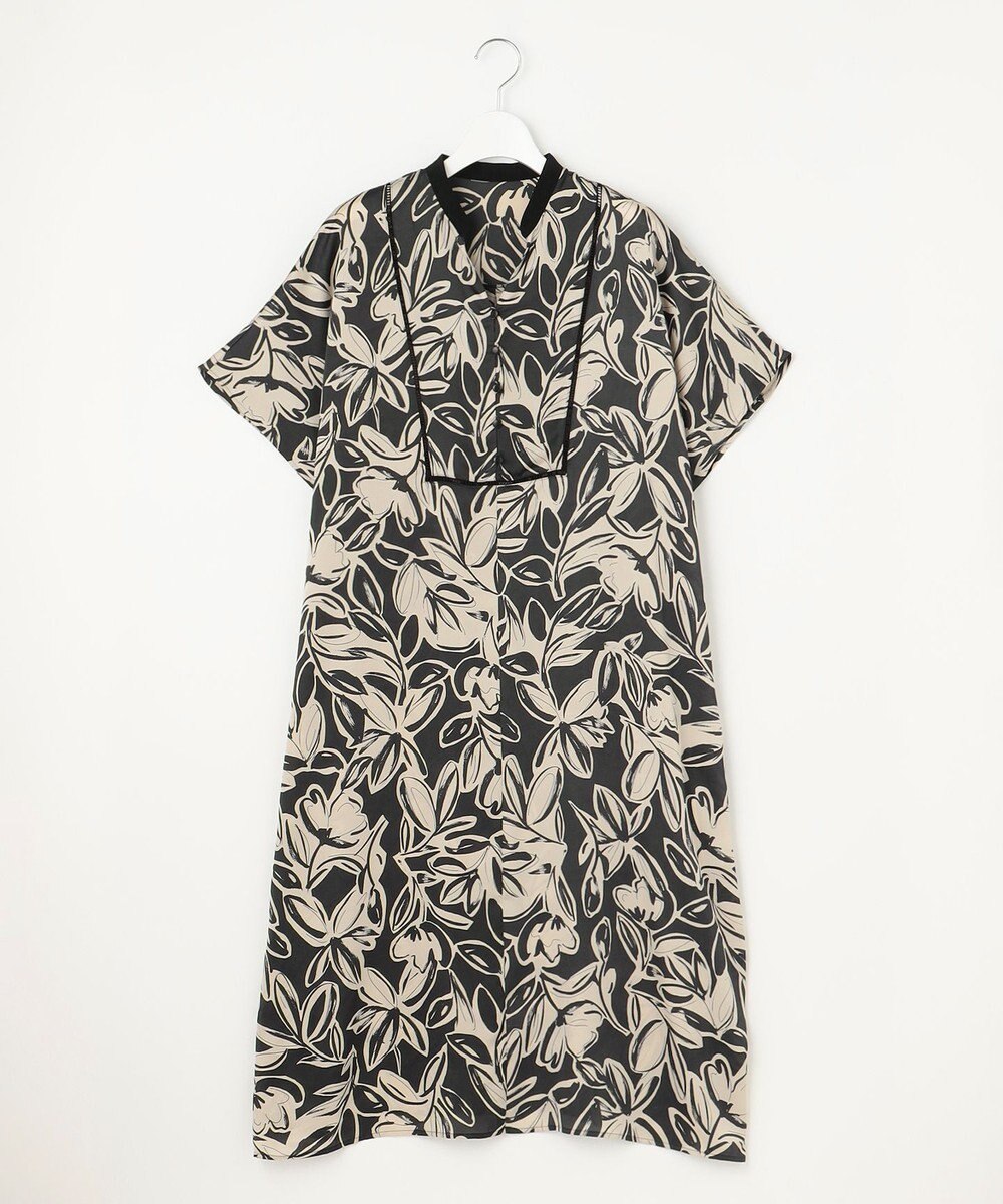 自由区 【洗える】モノトーンフラワープリント ワンピース 