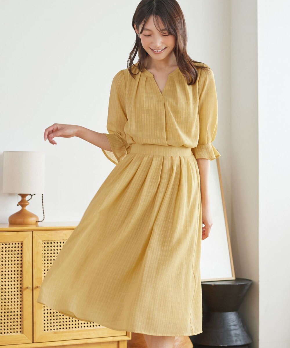 Tiaclasse L 【セットアップ対応】ドビーチェックタックパフ袖ブラウス 
