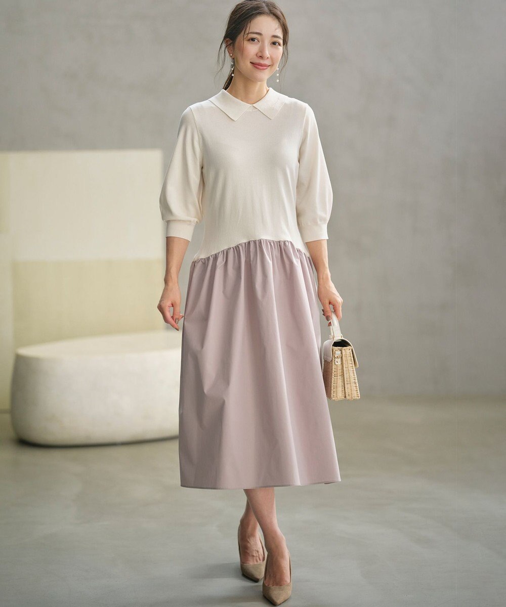 組曲 襟付きドッキング ニットワンピース 