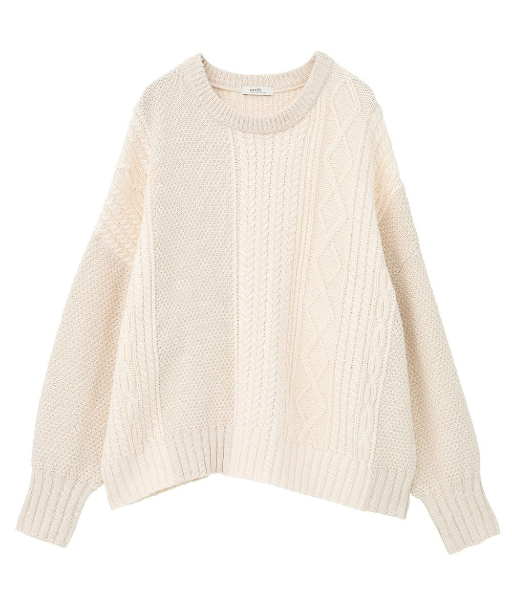 earth music&ecology 【洗濯機洗い可】アンチピリングC/Aパッチワークケーブルニット 