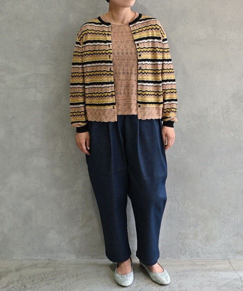 muuc 〈高品質シルク100%〉〈通年着られる〉袖リブあり シェルボタン使用 透かしレース編み シルクマルチボーダーカーディガン 