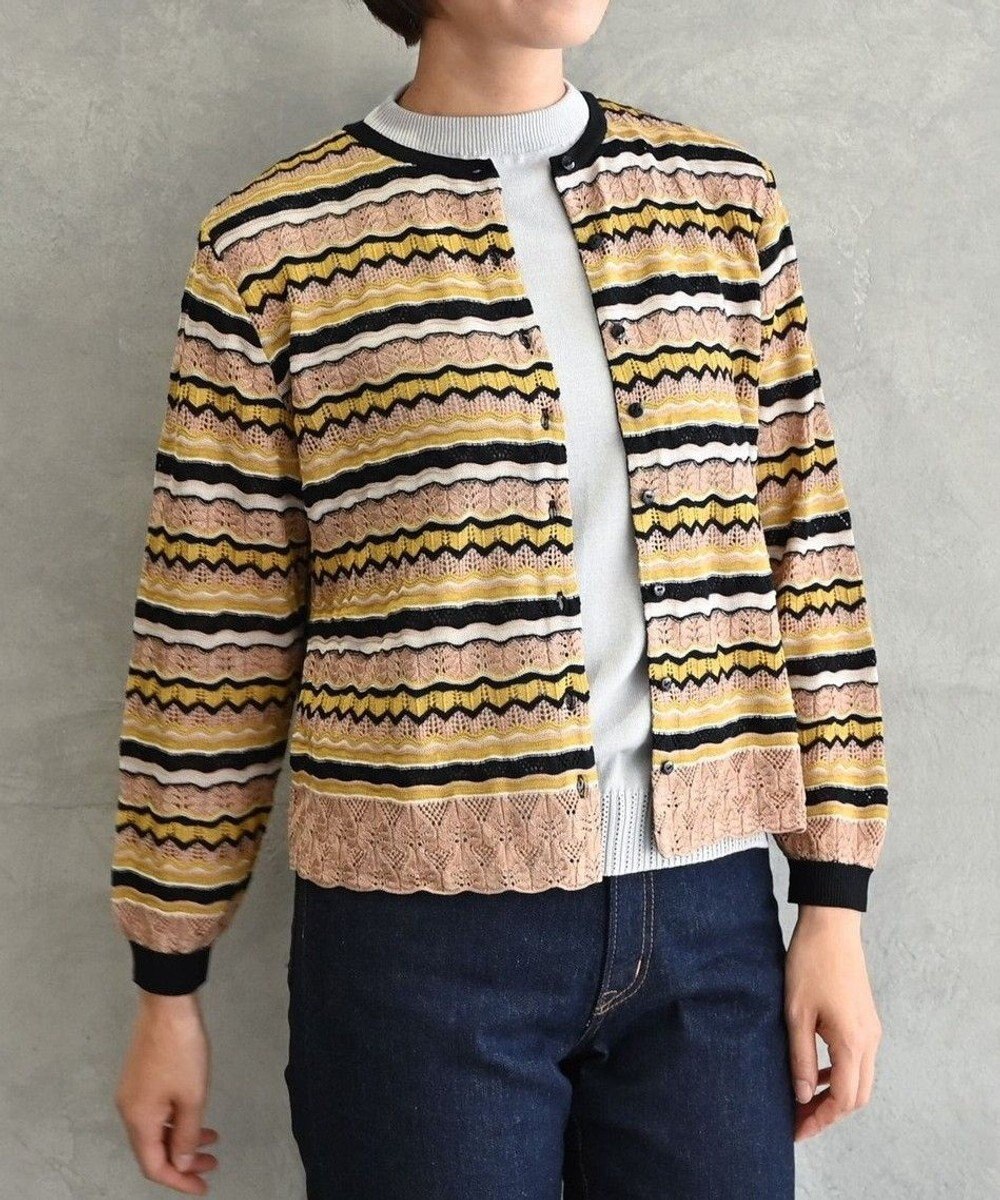 muuc 〈高品質シルク100%〉〈通年着られる〉袖リブあり シェルボタン使用 透かしレース編み シルクマルチボーダーカーディガン 