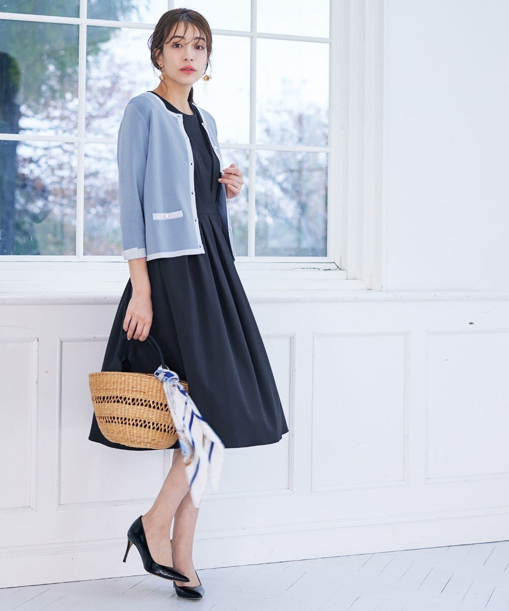 Tiaclasse 【洗える】配色使い総針袖リボンカーデ 