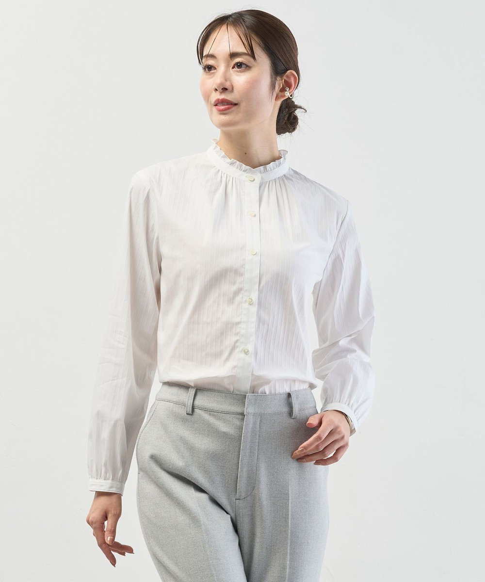 J.PRESS LADIES L BEZコットンナイロン ストライプ フリル襟 ブラウス 