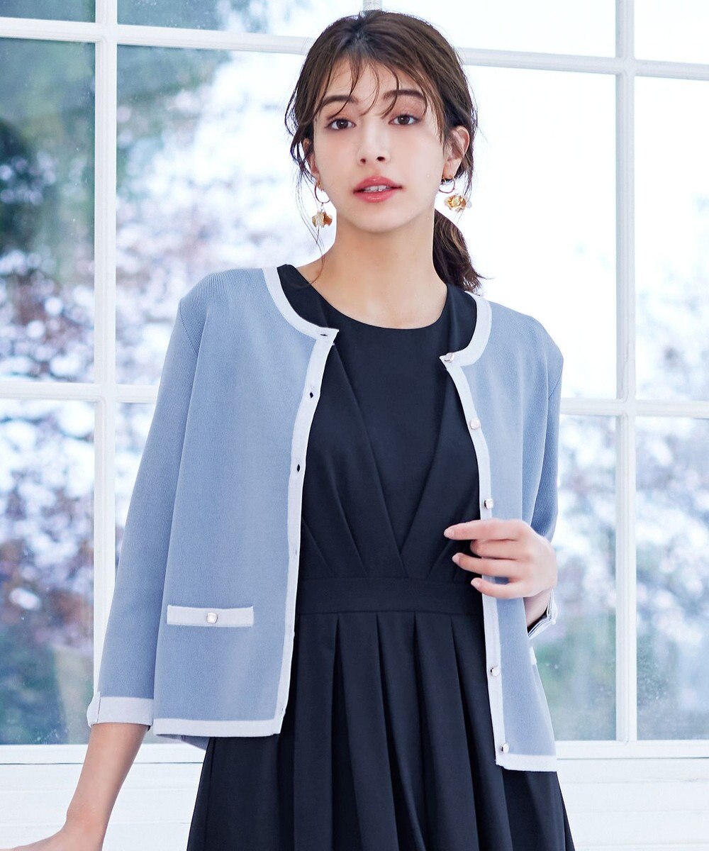 Tiaclasse 【洗える】配色使い総針袖リボンカーデ 