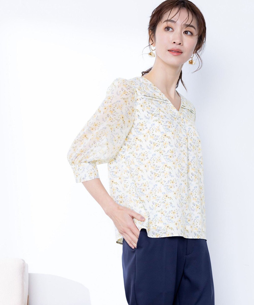 Tiaclasse L 【洗える】花柄Vネックブラウス 