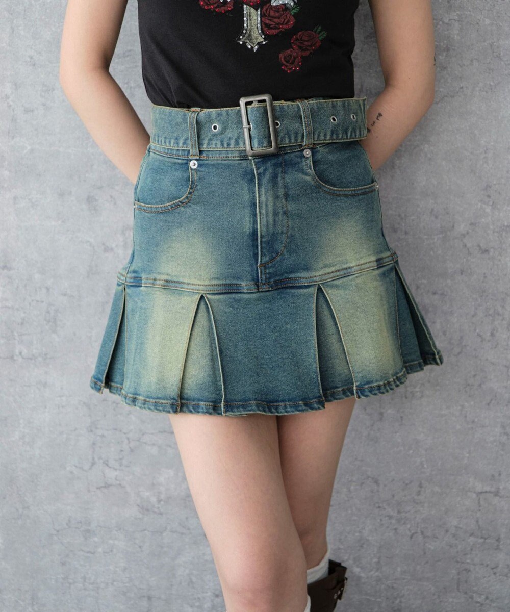 WEGO ベルト付デニムプリーツスカパン 