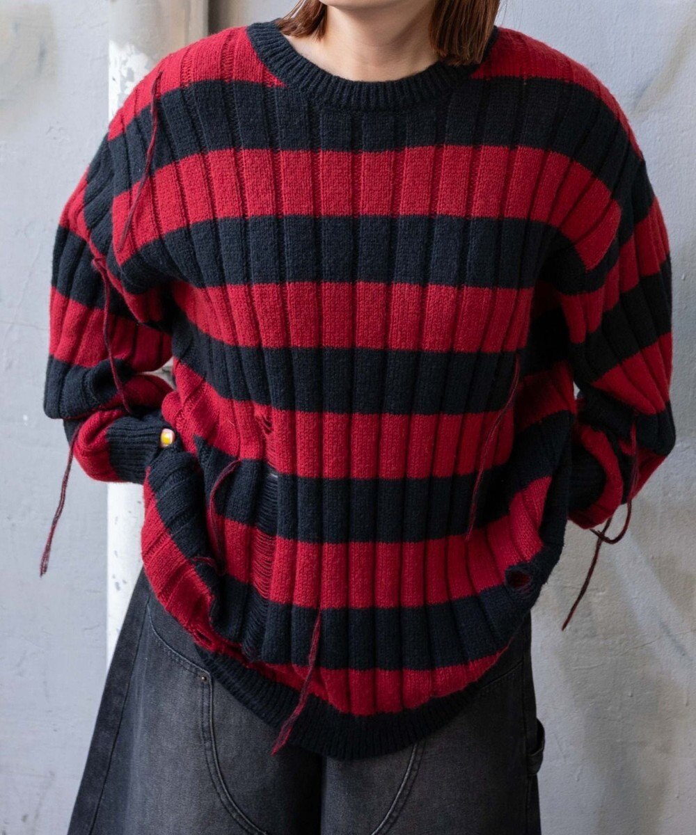 WEGO ボーダーワイドリブダメージニット 