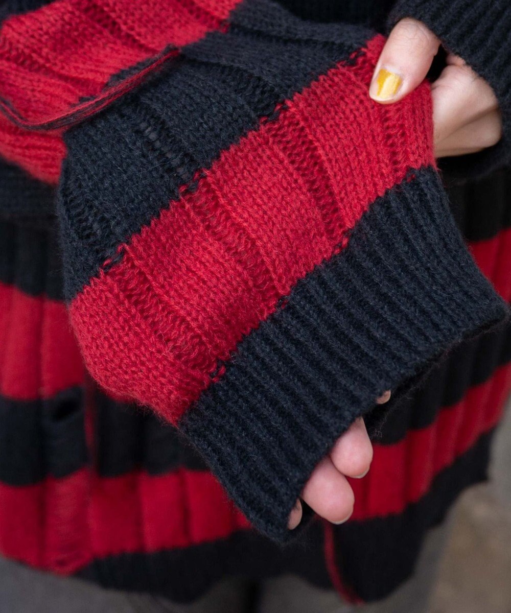 WEGO ボーダーワイドリブダメージニット 