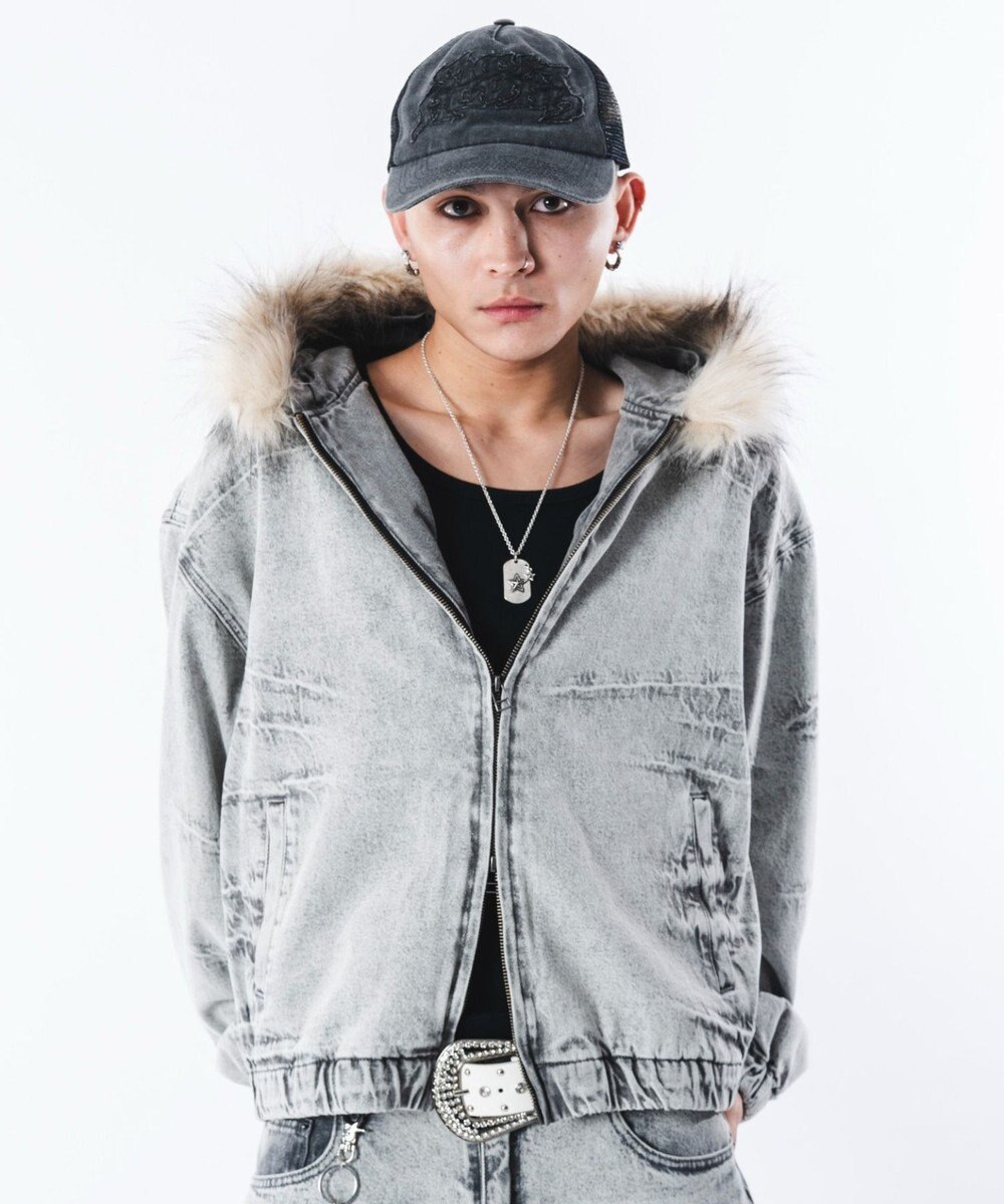 WEGO 【ユニセックス着用ITEM】ファーフードスラッシュデニムブルゾン 