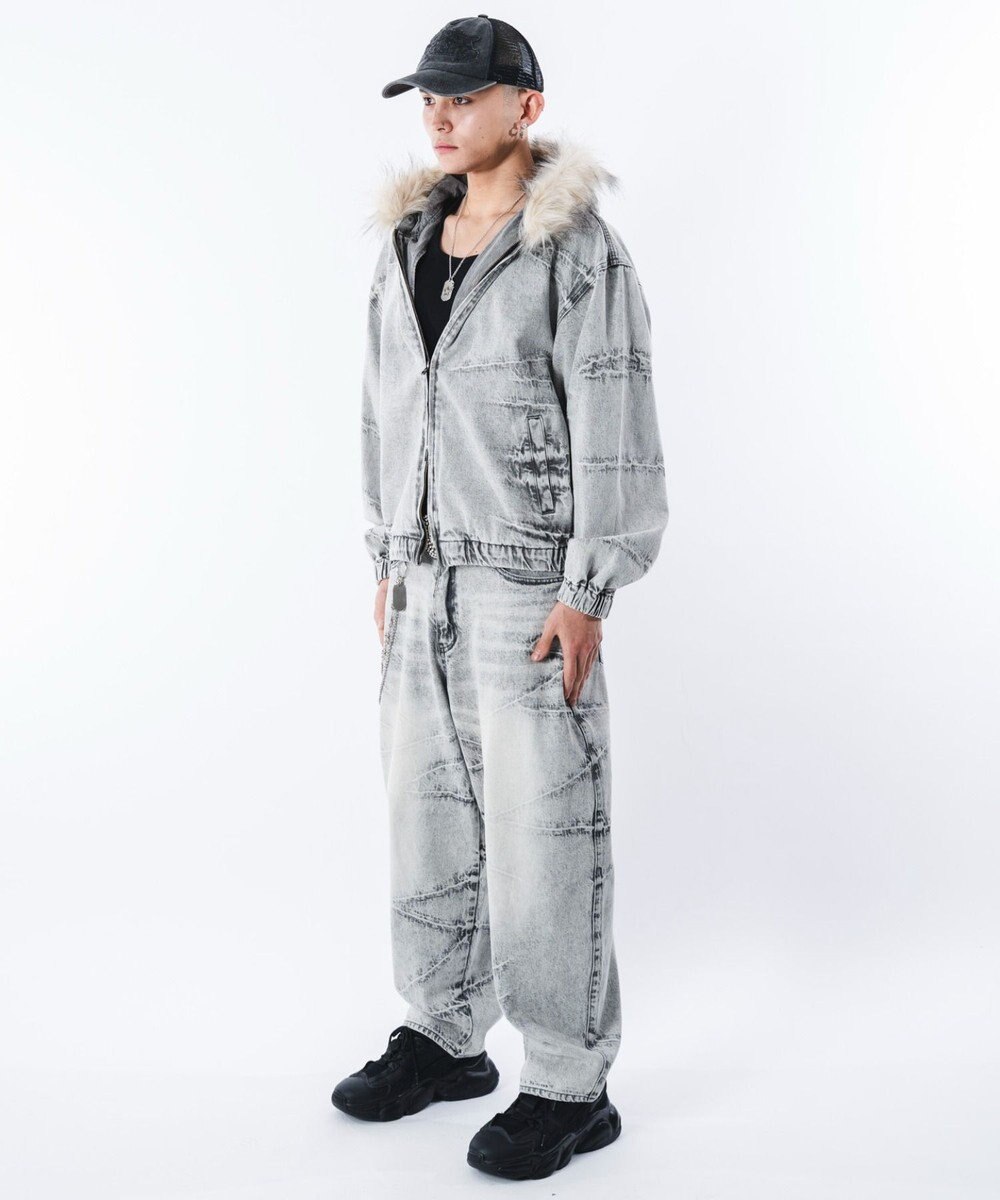 WEGO 【ユニセックス着用ITEM】ファーフードスラッシュデニムブルゾン 