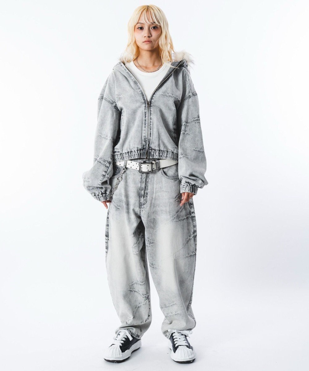 WEGO 【ユニセックス着用ITEM】ファーフードスラッシュデニムブルゾン 