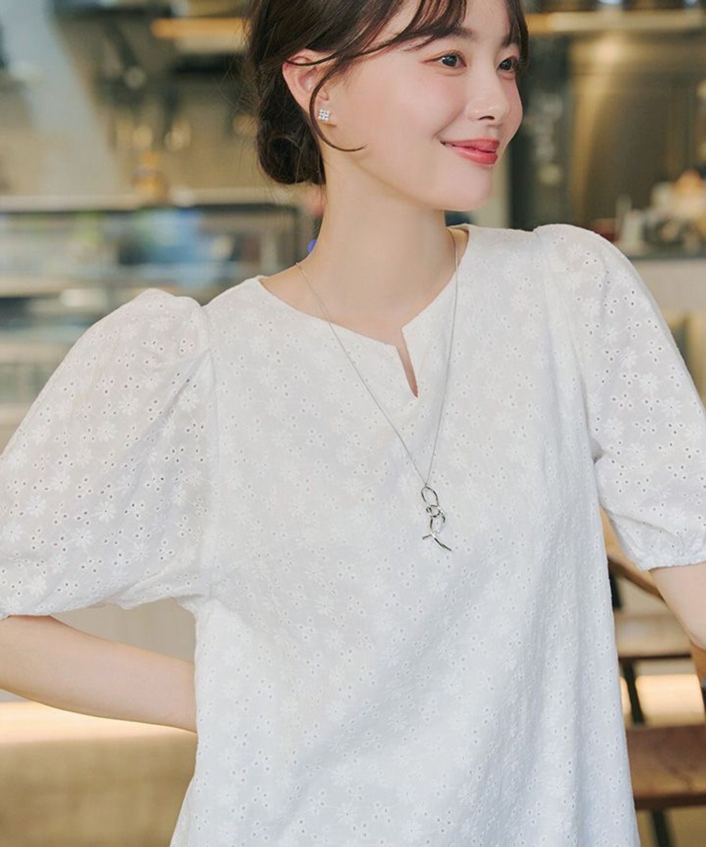 Tiaclasse 【2TYPE/総レース・袖レース】パンチングレースパフスリーブチュニックブラウス 