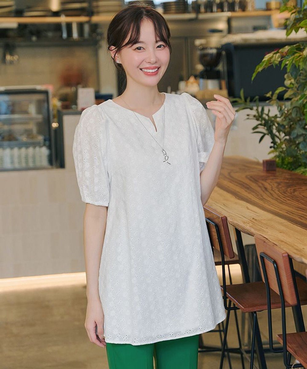 Tiaclasse 【2TYPE/総レース・袖レース】パンチングレースパフスリーブチュニックブラウス 