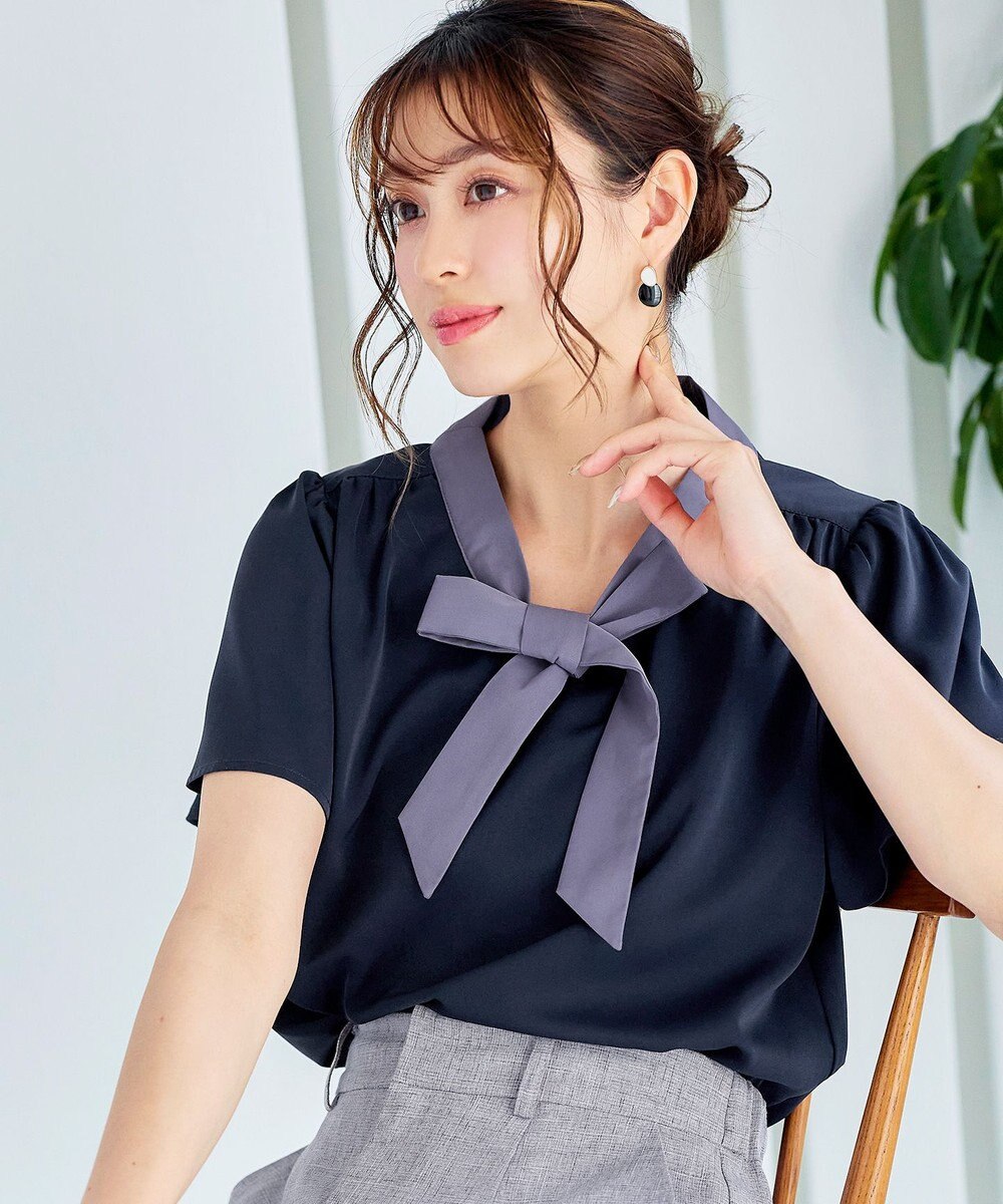 Tiaclasse 【洗える】配色リボンタイブラウス 