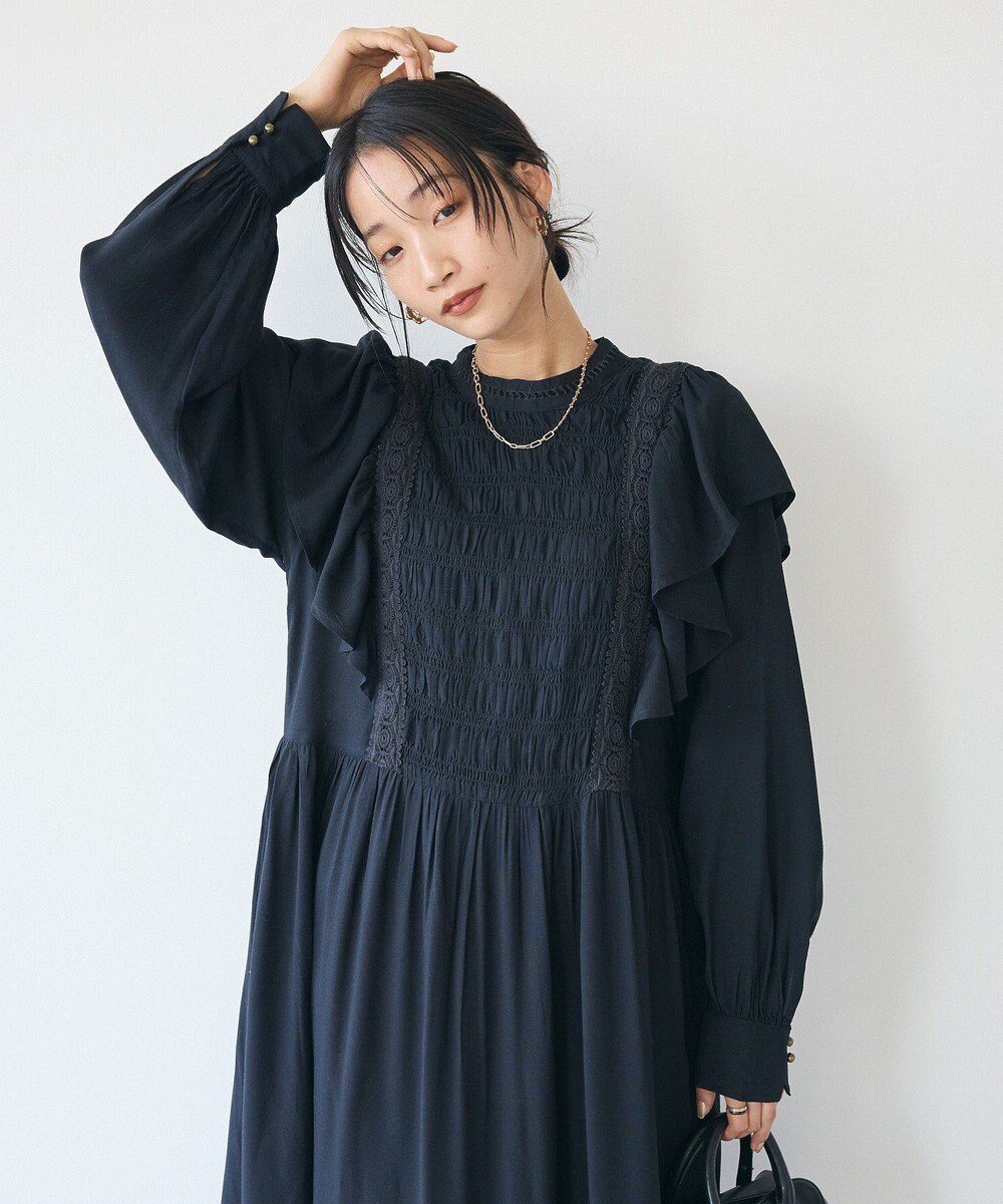 CRAFT STANDARD BOUTIQUE シャーリング袖フリルワンピース Black