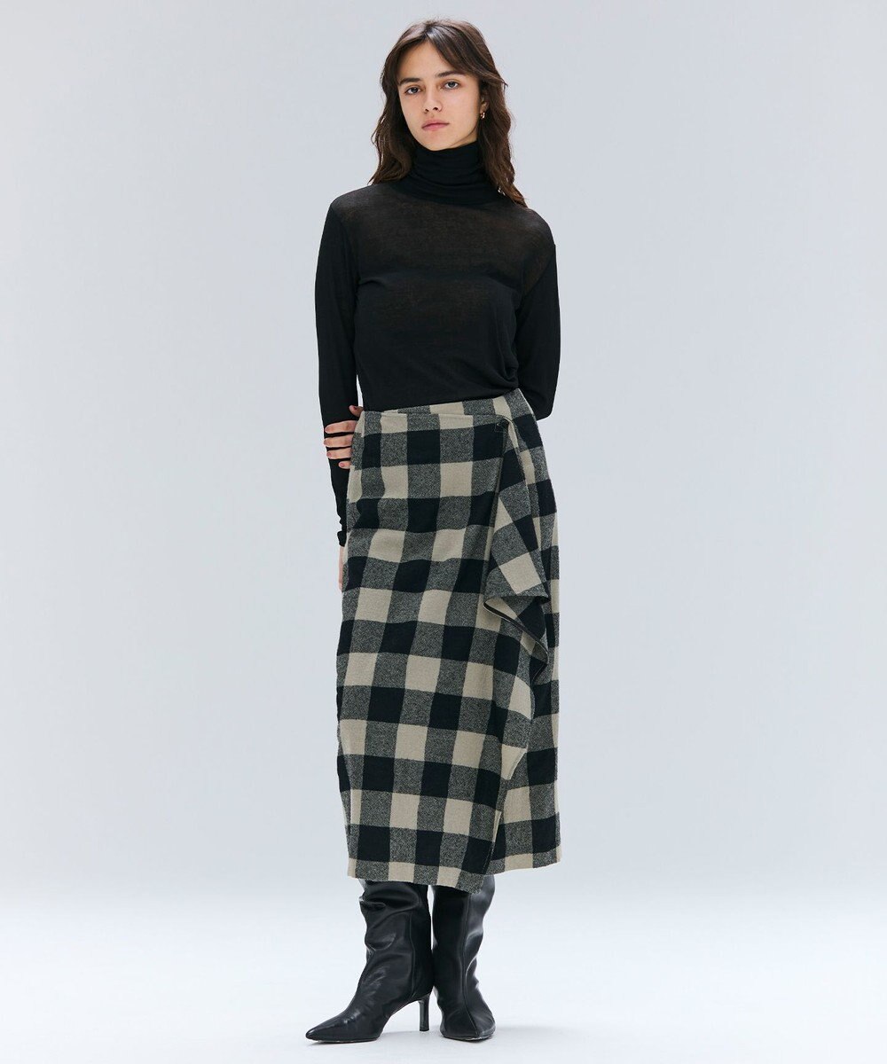 BEIGE， HOBBS / フェイクレザーポケットウールチェックラップスカート 