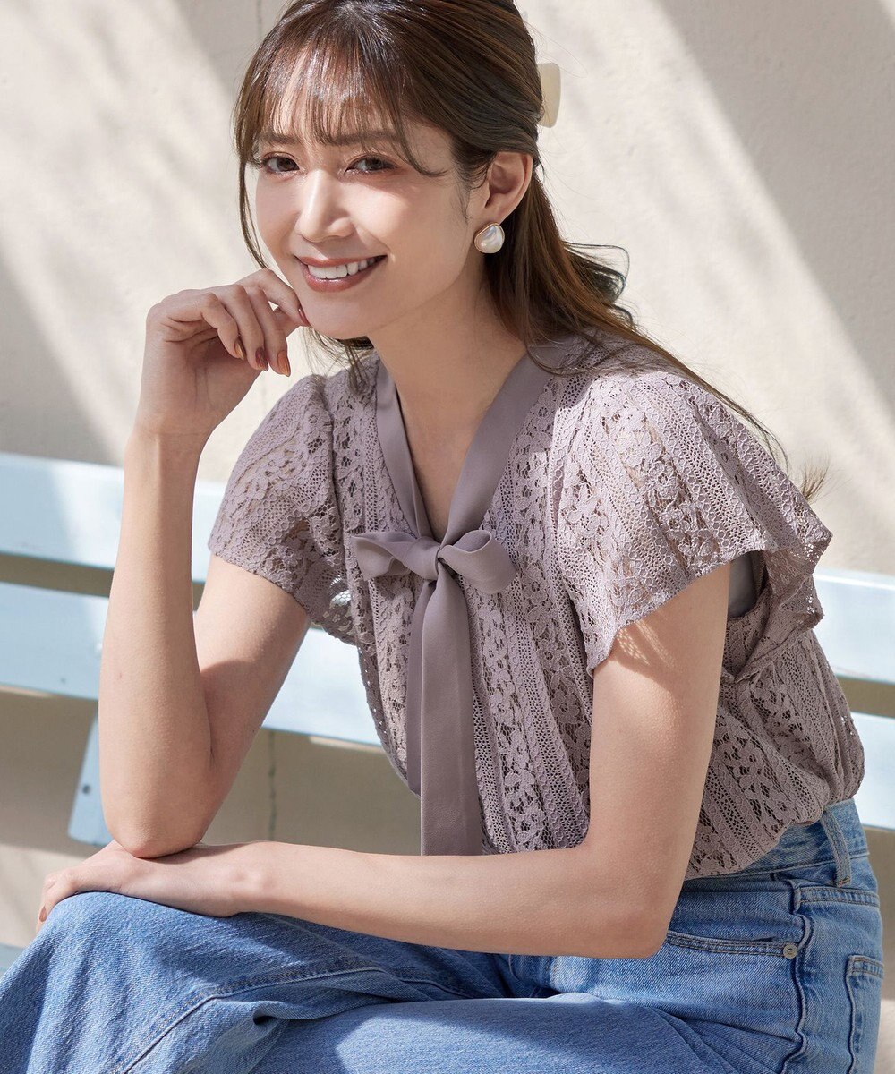 Tiaclasse L 【洗える】幅広く活躍が期待できるボウタイレースブラウス 