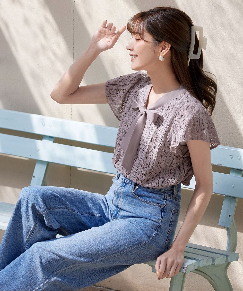 Tiaclasse L 【洗える】幅広く活躍が期待できるボウタイレースブラウス 