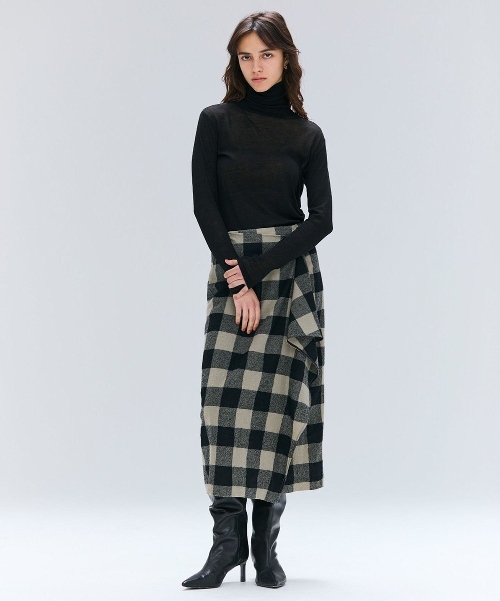 BEIGE， HOBBS / フェイクレザーポケットウールチェックラップスカート 