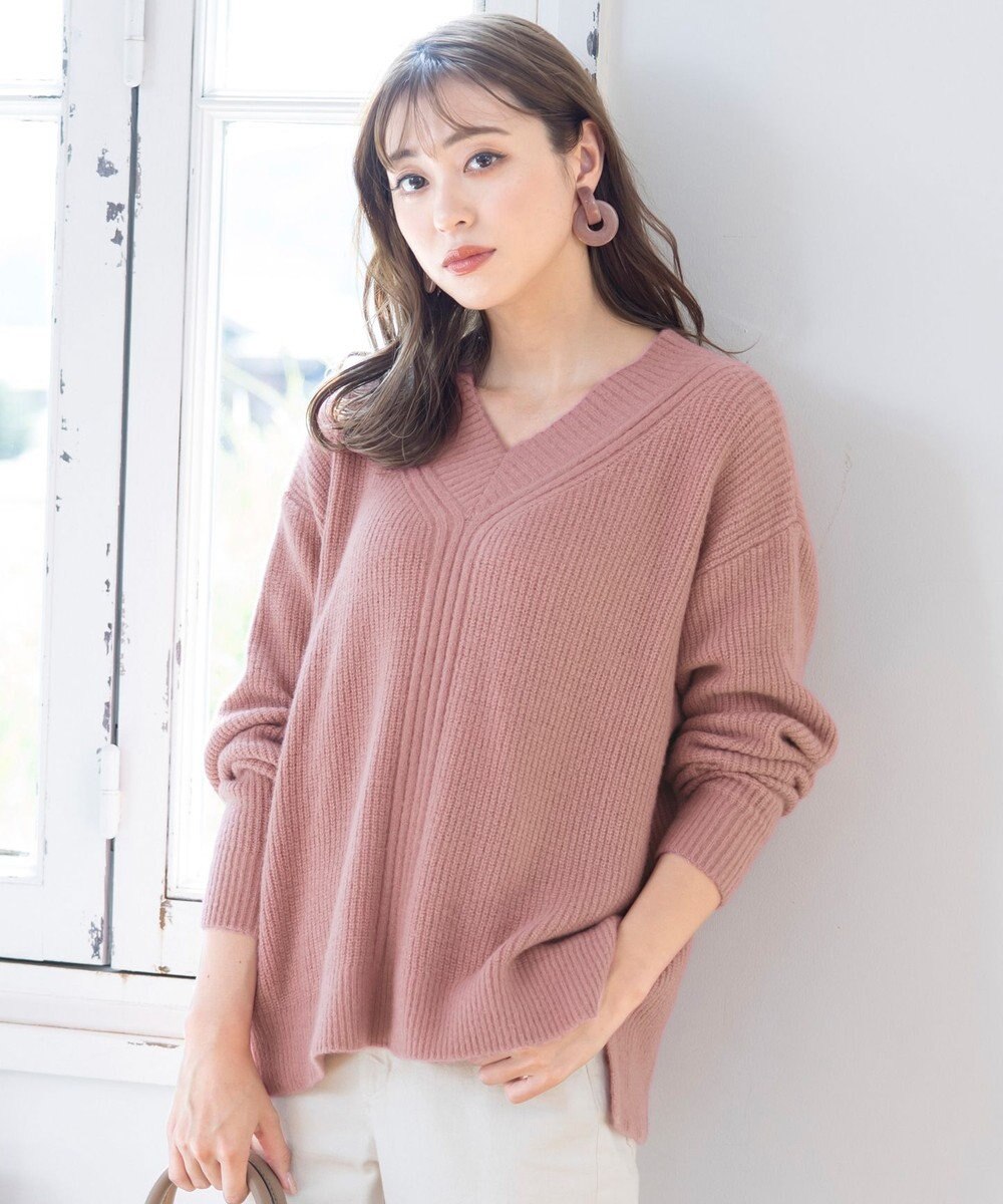 Tiaclasse L 【洗える】Vネック起毛ニットトップス 