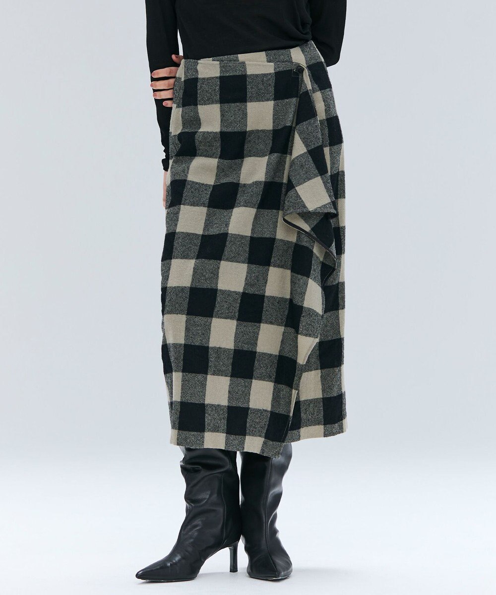 BEIGE， HOBBS / フェイクレザーポケットウールチェックラップスカート 