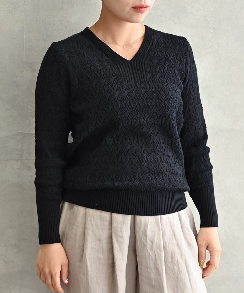 muuc 〈コットン100%強撚糸〉〈通気性が高いドライタッチな素材〉透かし編み 袖口リブ Vネック プルオーバー 