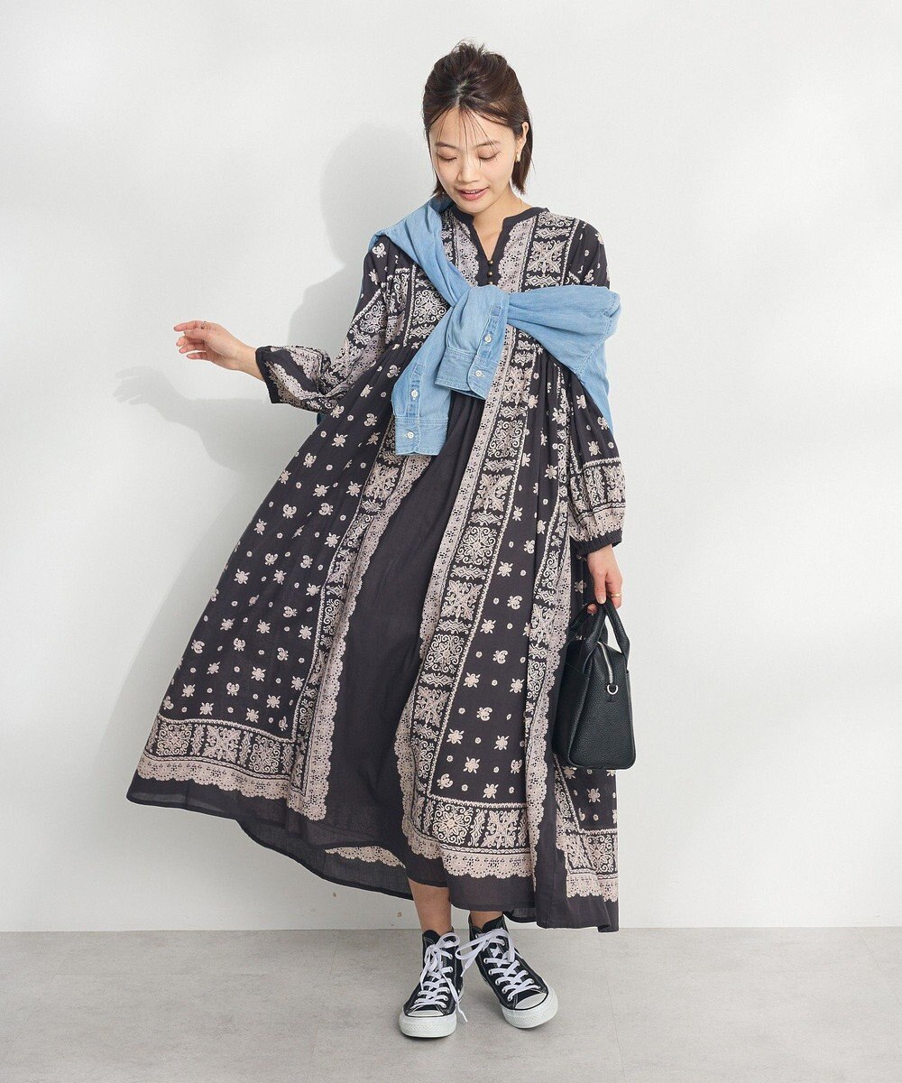 CRAFT STANDARD BOUTIQUE インド綿パネル柄ウエスト切り替えボリュームワンピース 