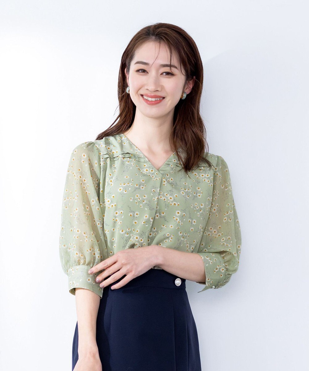 Tiaclasse L 【洗える】花柄Vネックブラウス 